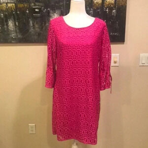 Madison Leigh Pink Crochet Lace Cut Out Midi Dress 3/4 Bell Sleeve with tie-12